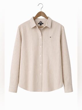 Tommy Hilfiger Beige and White Pinstripe Button-Up Shirt